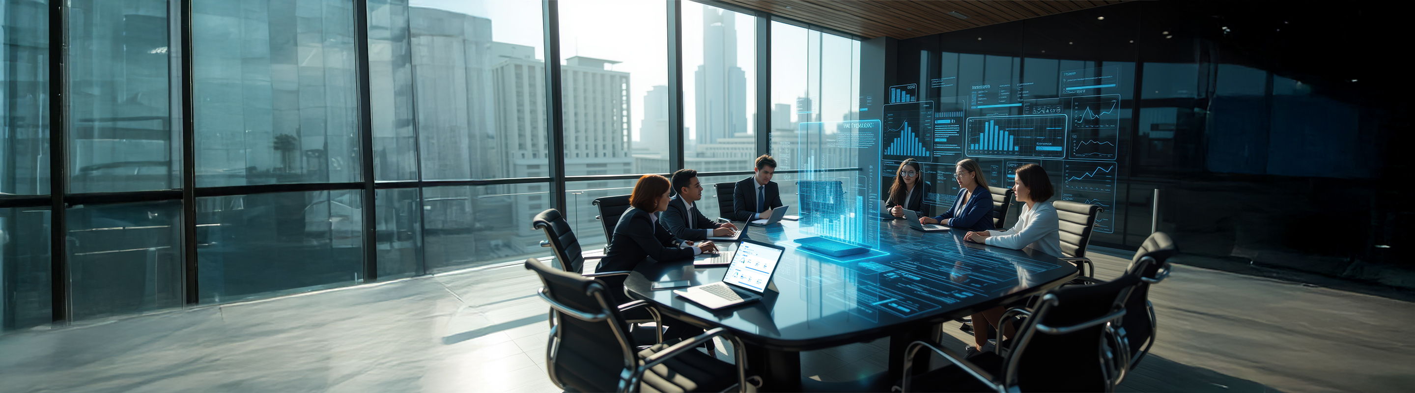 Employees in a conference room with laptops connected to Meraki networking devices managed by Bell.