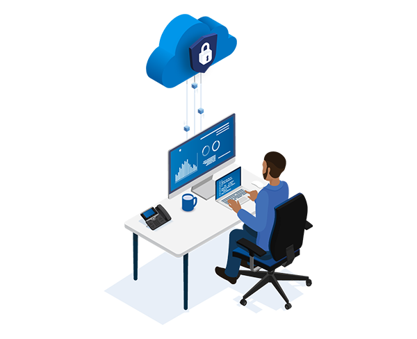 Employee sitting at a desk using the Meraki platform to manage the enterprise’s network.