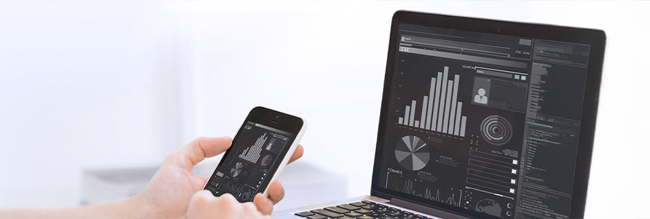 Statistics from Enterprise Mobility Management software, showing on computer and smartphone screens.