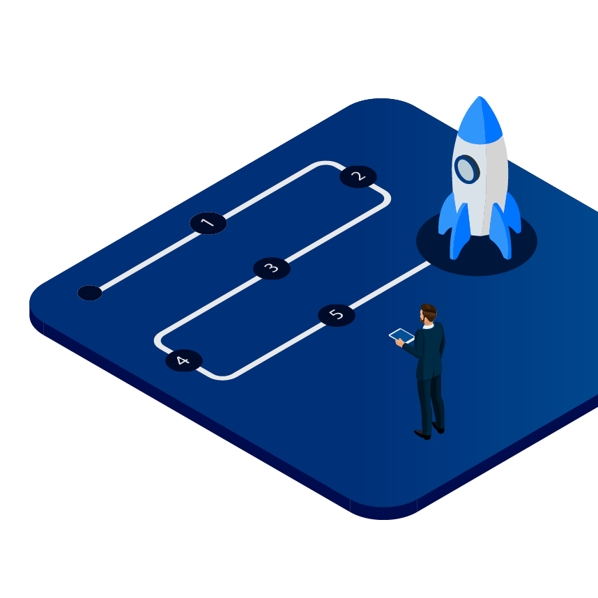 An AI professional viewing a roadmap with numbered steps leading to a rocket, symbolizing expert guidance offered by Bell for a successful launch.