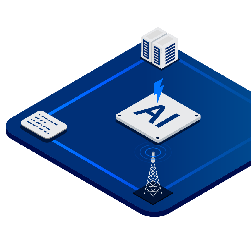 Visual representation of Bell’s AI Fabric hardware, including a chip and antenna, emphasizing speed and low latency.