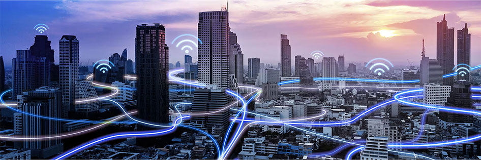 Cityscape showing IoT connections using Bell mobile networks.